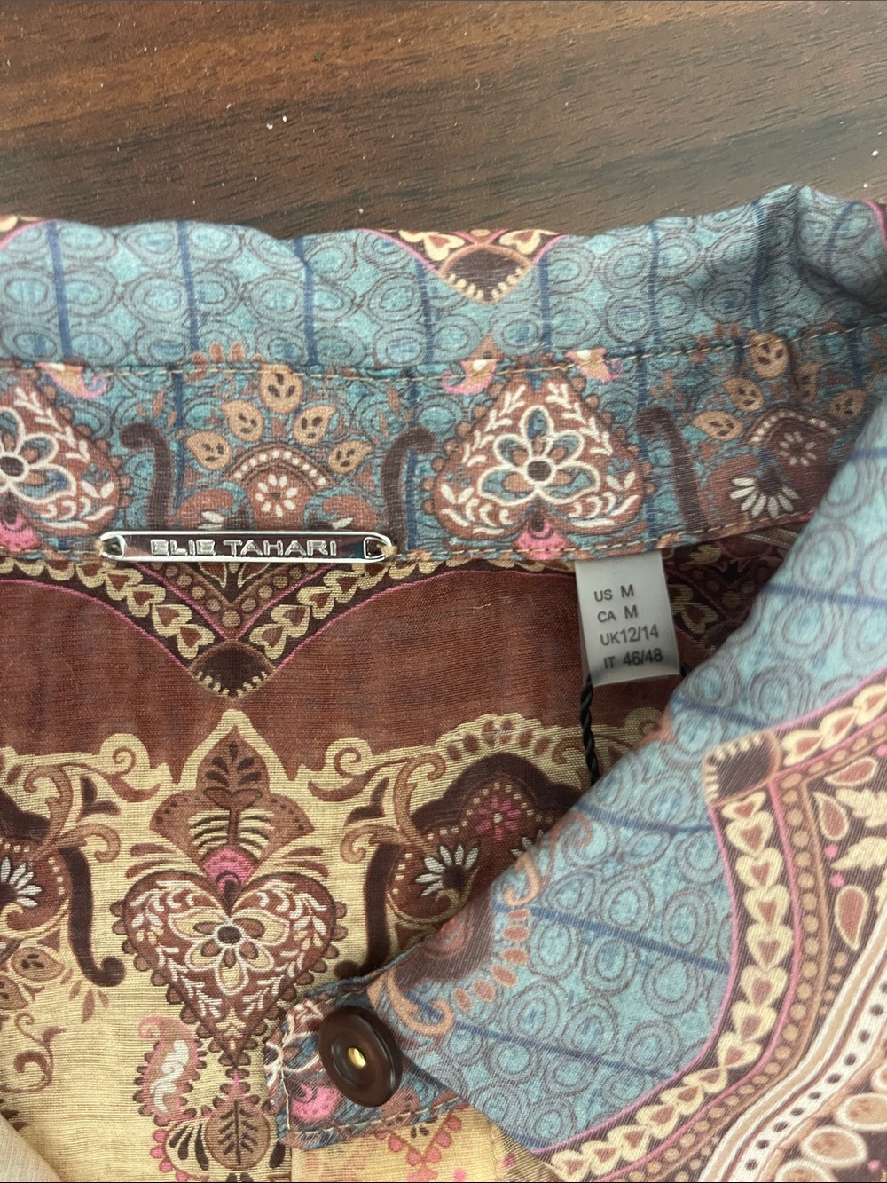 New Elie Tahari Teal, Cream & Brown Printed Button down Blouse Shirt - Picture 9 of 12